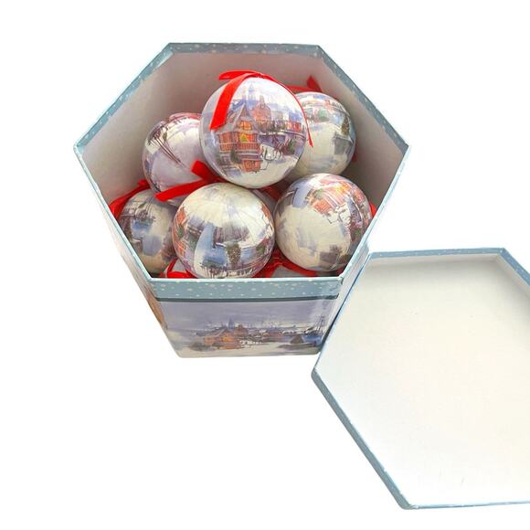 12 Victorian Snowy Winter Town 10" Christmas Ornaments Paper Mache Decoupage - Picture 2 of 8